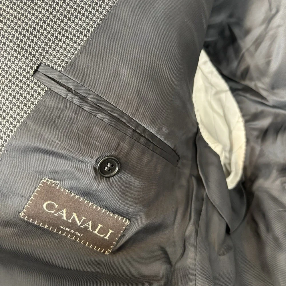 Canali Blazer Mens 44L Houndstooth Silk Wool Sport Coat Jacket Gray Black